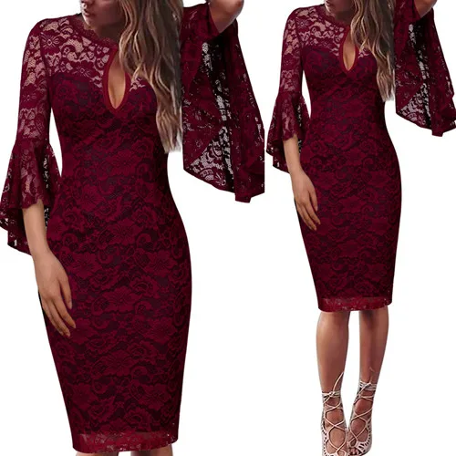Vfemage женское сексуальное платье с вырезом-замочной скважиной спереди, цветочное кружевное платье с рюшами и расклешенными рукавами, коктейльное платье для свадебной вечеринки, Клубное тонкое облегающее платье-футляр 960 - Цвет: Dark Red