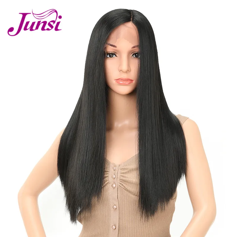 

JUNSI Long Black Lace Front Synthetic Wig Straight Wigs for Women with Middle Part Heat Resistant Fiber Hair