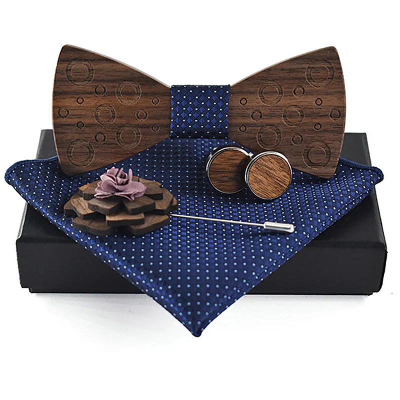 

RBOCOTT Men's Plaid Wooden Bow Tie Set Striped Wood Bowtie +Handkerchief+Cufflinks+Brooch Sets With Box For Men Wedding Gift