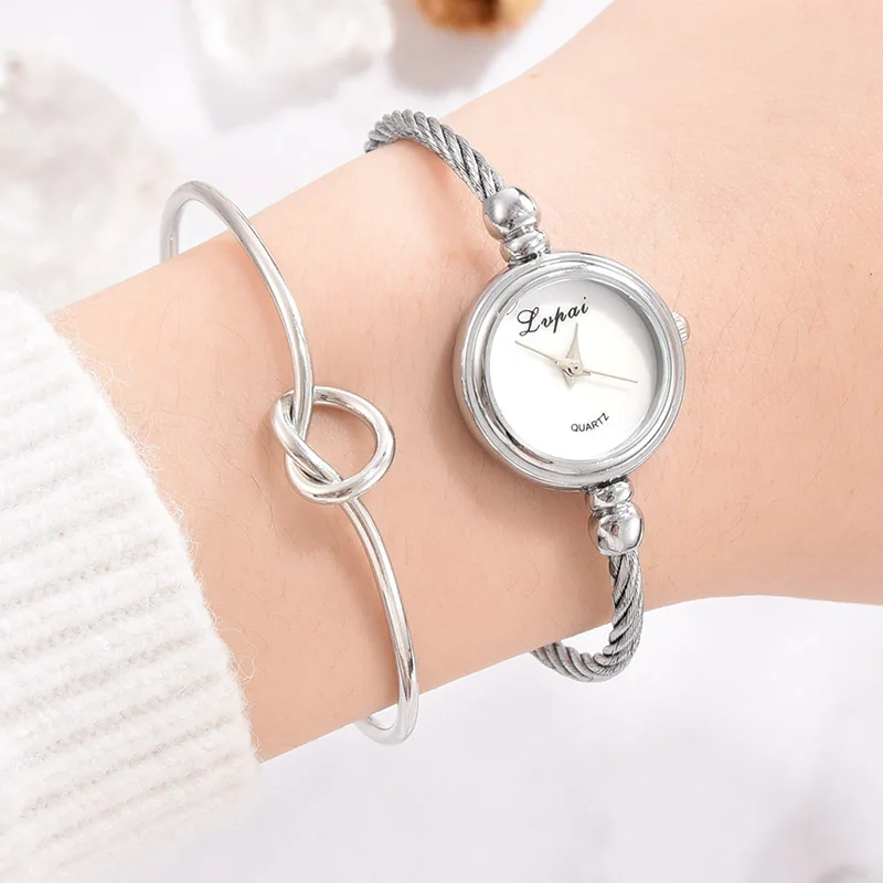 

Women Quartz Watch Bracelet Set with Twist Alloy Band Knot Open Cuff Bracelets KQS8