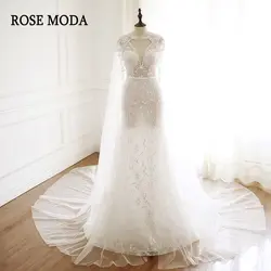 Розовое Мода потрясающее Бохо свадебное платье es 2019 кружевное свадебное платье Русалка со съемной накидкой реальные фотографии