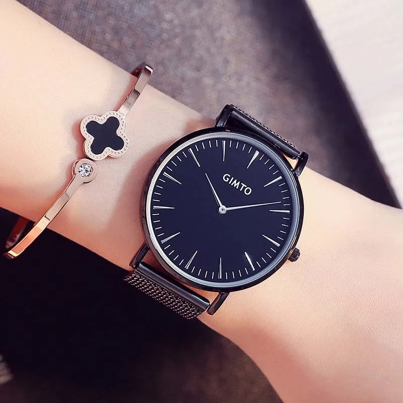 GIMTO Simple Fashion Weave Stainless Steel Rose Gold Watch Women Dress Ladies Watches Top Brand Luxury Quartz Watches For Girls