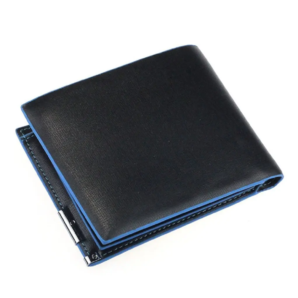 

Man Clutch Wallet Card Leather Bag Pockets Bifold (Black + Blue)