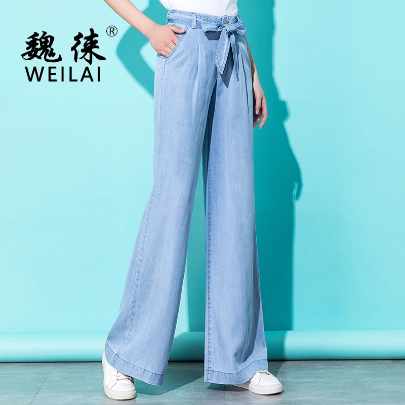 

Blue Tencel Jeans Women 2019 Summer Streetwear High Waist Casual Pants Sashes Loose Denim Full Length Jeans for Ladies Trousers