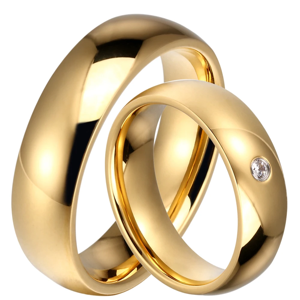 1 Pair 6mm CZ Stone Rings Set for Women Polish Dome for Men Gold Color Titanium Steel Couples Marriage Wedding Band