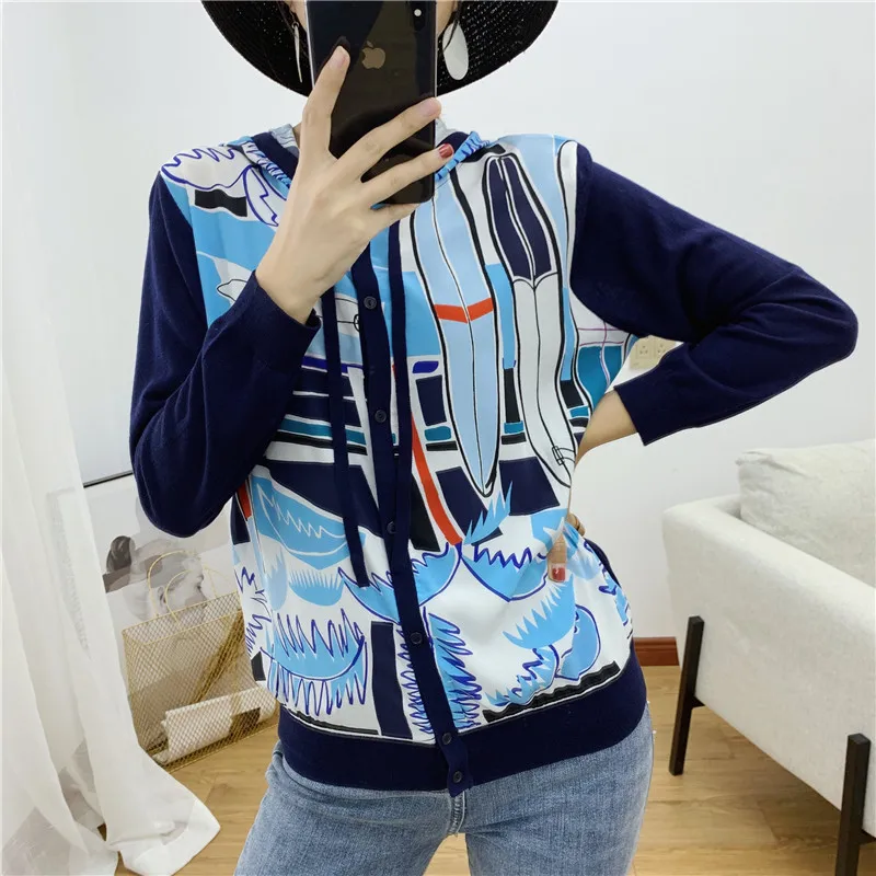 

2019 early autumn outfit hooded draw string ocean printing real silk knit long-sleeve cardigan female