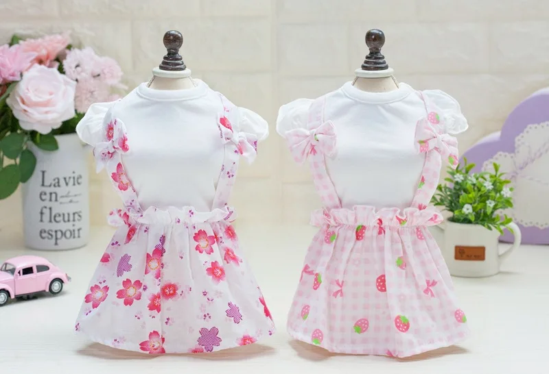 Cute Strawberry Dog Party Bow Dress Cat Pet Princess Skirt Tutu For Small Summer Cotton Shirt Clothes Vest Overall | Дом и сад