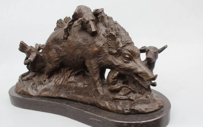 

free 8"Chinese Art sculpture Bronze base Marble Feng Shui Dog Tussle wild boar Statue fast