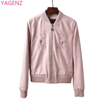 

YAGENZ Embroidery Short Coat PU Leather Jacket Women's 2020 Fashion Spring Jacket Womens Zipper Long-sleeve Ladies Jackets A20