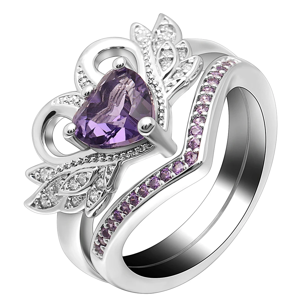 UFOORO Large Purple  Love Heart Zircon Ring  Set Female 