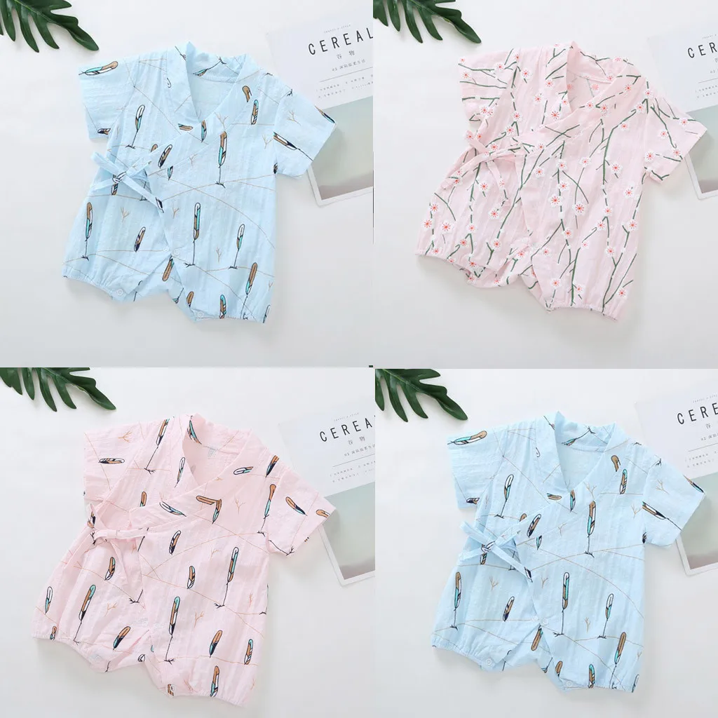 

Newborn Infant Baby Boy Girl short sleeve strap Yarn Robe print Kimono Romper Japanese Jumpsuit Toddler Baby girl Clothing