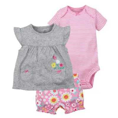 Комплект летней одежды для маленьких девочек, коллекция года комбинезон для девочек+ боди+ шорты, хлопковая одежда для новорожденных, костюм для детей, детская одежда - Цвет: Sky Blue