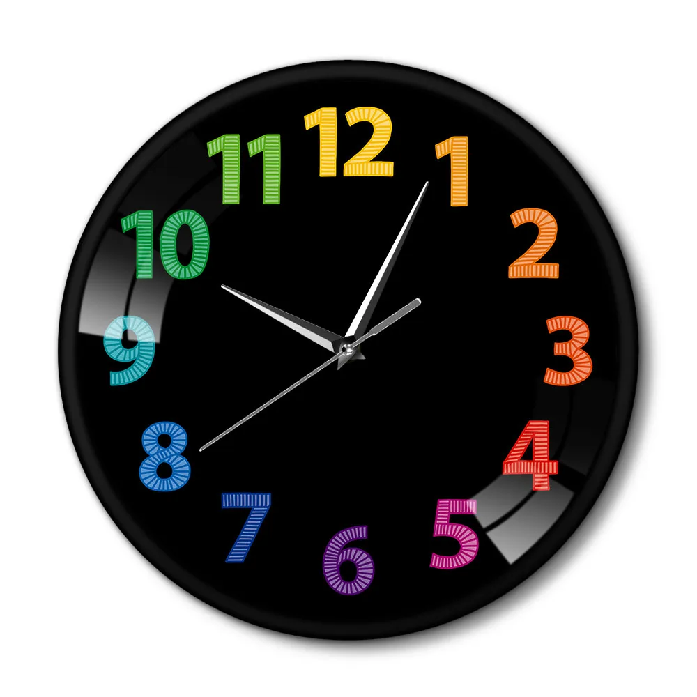 

Colorful Numbers Modern Wall Clock Decorative Rainbow Printed Wall Watch Living Room Sillent Quartz Metal Black Clock Home Decor