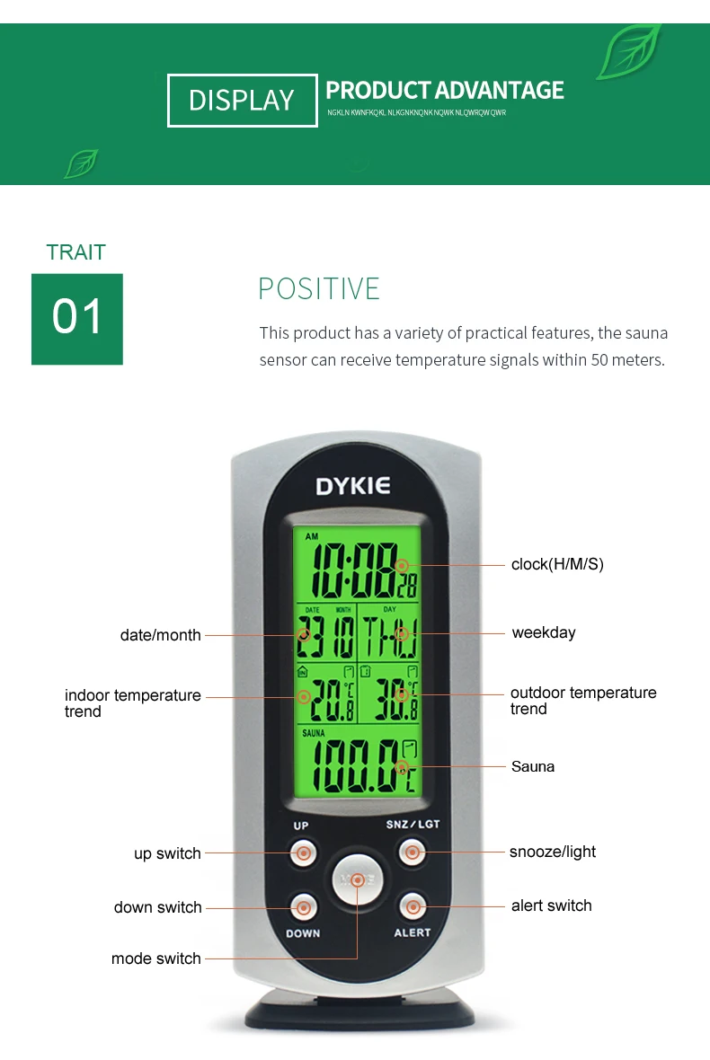 DYKIE Беспроводная метеостанция с внутренней сауной термометр Дистанционный датчик цифровой будильник зеленая подсветка