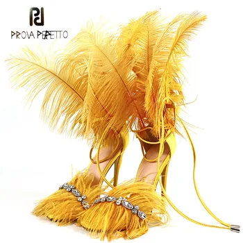 

Prova Perfetto luxury rhinestone chain high heel sandals women summer new feather decor cross tied stilettos party shoes sandals
