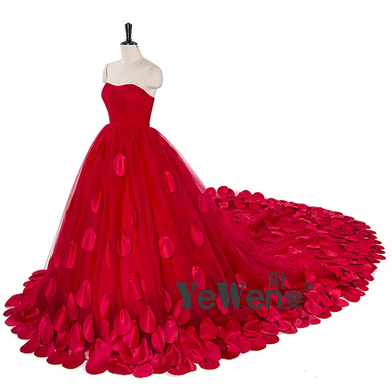 Дизайн Пышный Пляж Красные Цветы Свадебные Платья Pоскошное Официфольное Пром со длинным шлйфом девушка Бальное платье плюс размер