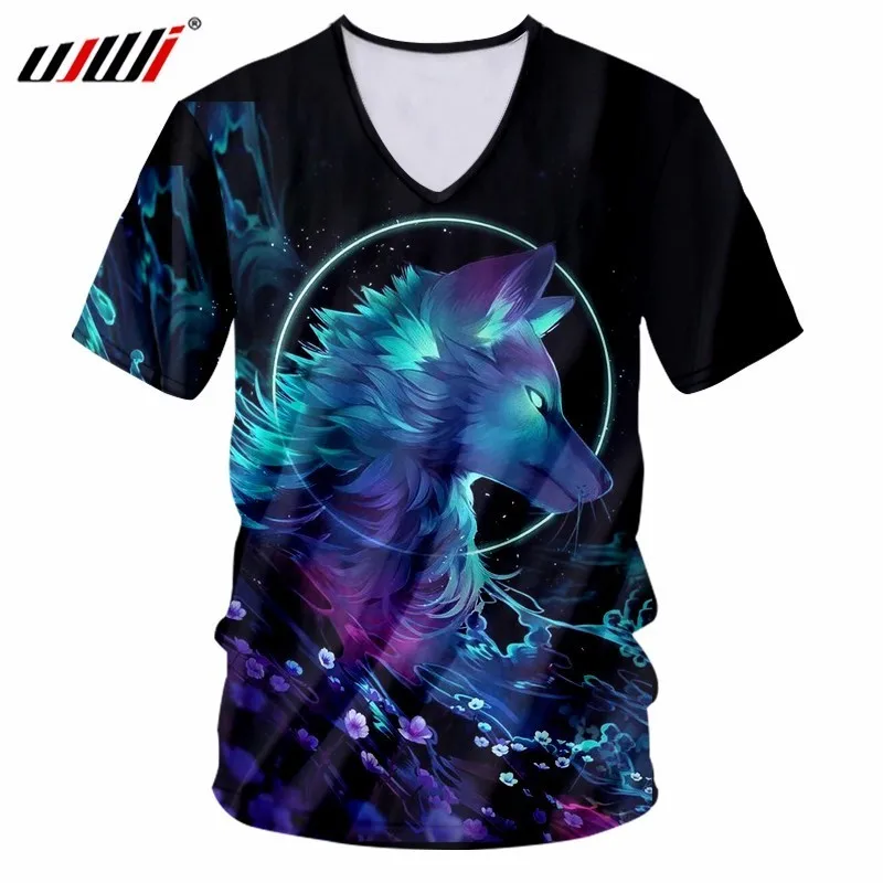UJWI V Neck T Shirt Black Summer Tops Men 3d Print Galaxy Space Wolf T-shirt Man Bodybuilding Fitness Short Sleeve Tee Shirts | Мужская