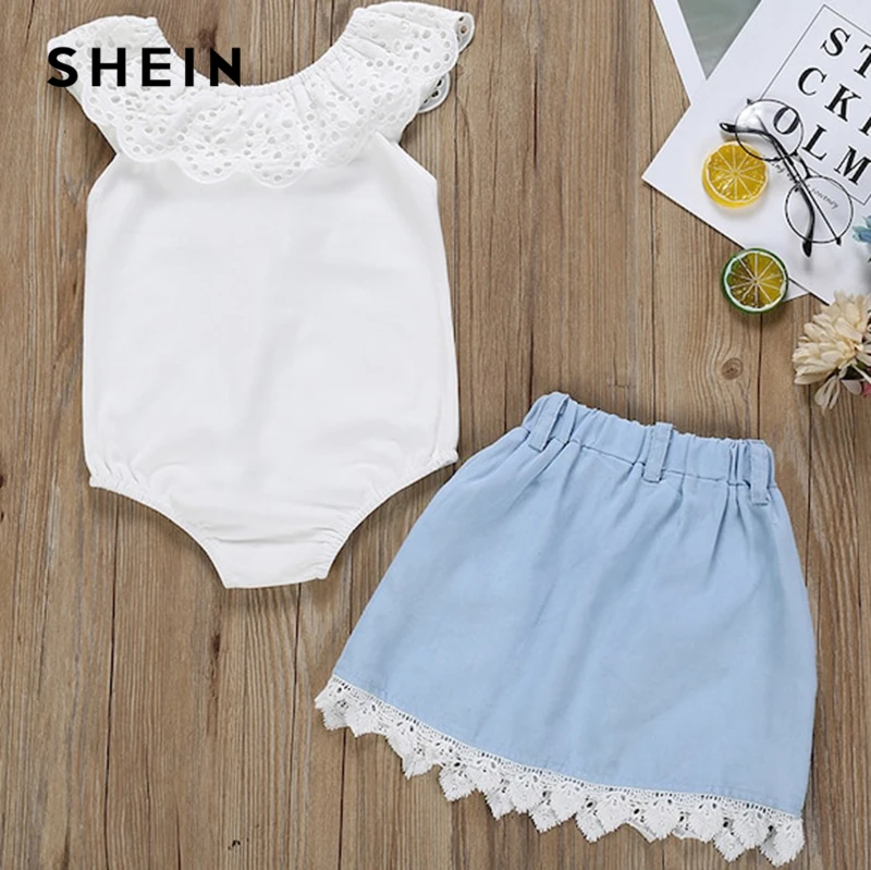 SHEIN Kiddie Contrast Lace Ruffle Cute Jumpsuit With Bow Front Skirt Suit Sets 2019 Summer Sleeveless Casual Pocket Suit Outfits SHEIN Kiddie Contrast Lace Ruffle Cute Jumpsuit With Bow Front Skirt Suit Sets 2019 Summer Sleeveless Casual Pocket Suit Outfits