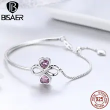 BISAER 925 пробы серебряные браслеты с клевером и браслеты для женщин розовый цветок клевера ссылка женский браслет ювелирные изделия Pulseira ECB092