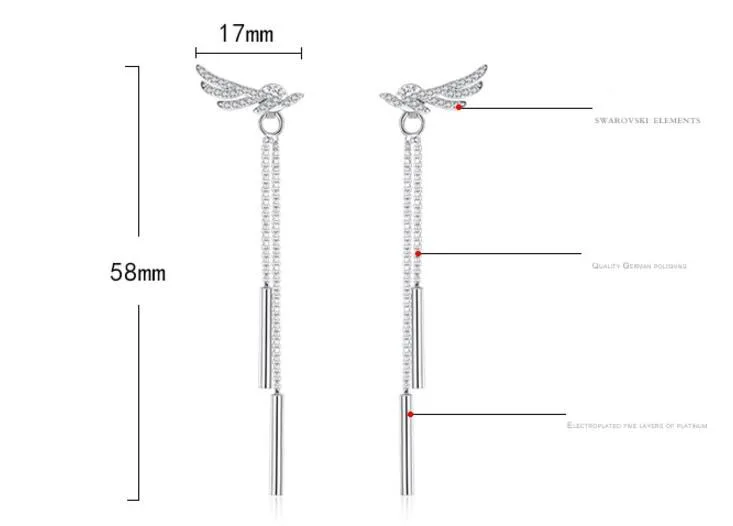 Anenjery, элегантные, модные, 925 пробы, серебряные, хрустальные, крылья ангела, длинные, с кисточками, в коробке, Chian, серьги-гвоздики для женщин, brincos S-E223