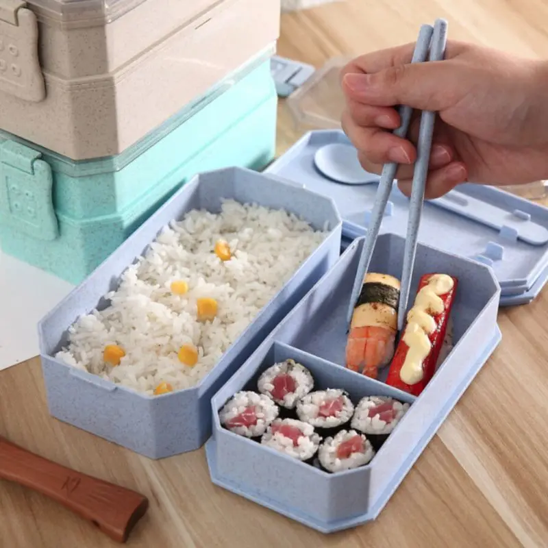 

Students Sealed Wheat Straw Thermal Insulation Lunch Container Double-decker Lunch Box, Including Flatware-Spoon+Chopstick