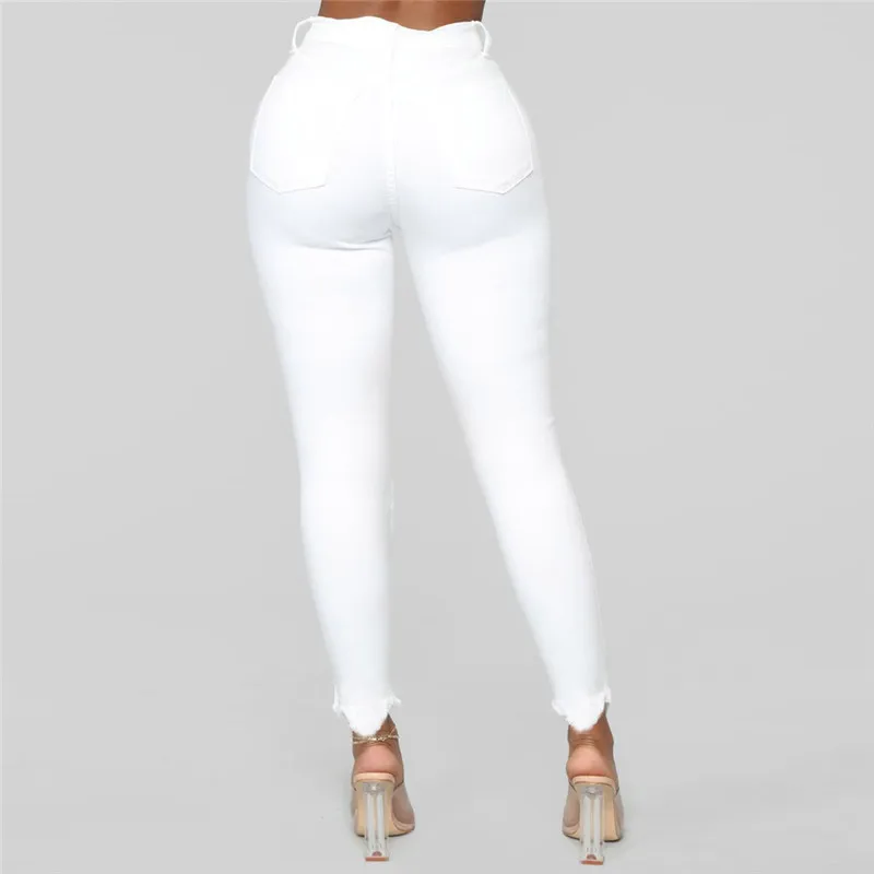 2019 White Jeans Stretch Sexy Women Skinny Jeans Mid Waist Stretch Pencil Pants Ripped Torn Jeans Combinaison Pantalon A30@