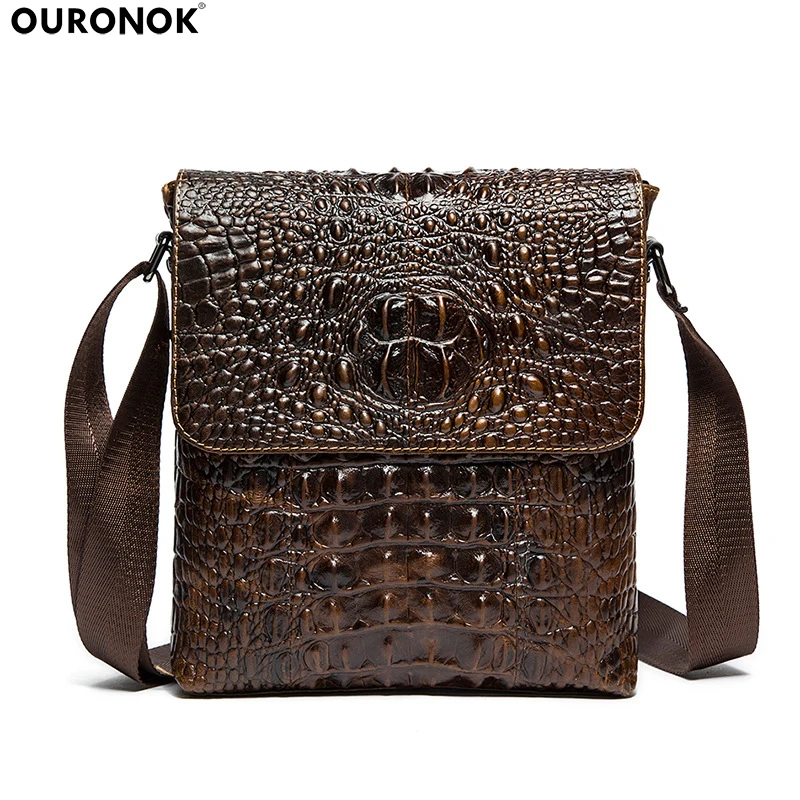 

OURONOK Newest Men's Bag Cowhide Genuine Leather Shoulder Crocodile Alligator Pattern Leather Messenger Casual Male Fashion Bag