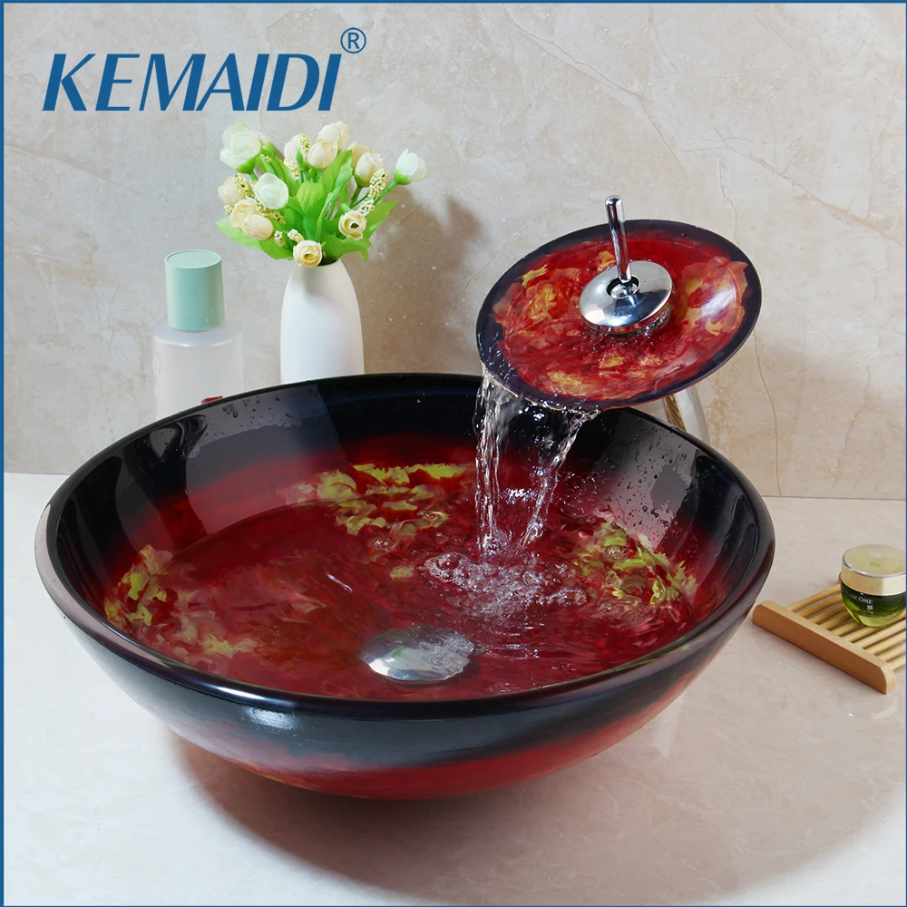 

KEMAIDI Waterfall Spout Basin Black Tap+Bathroom Sink Washbasin Tempered Glass Hand-Painted Bath Brass Set Faucet Mixer Taps