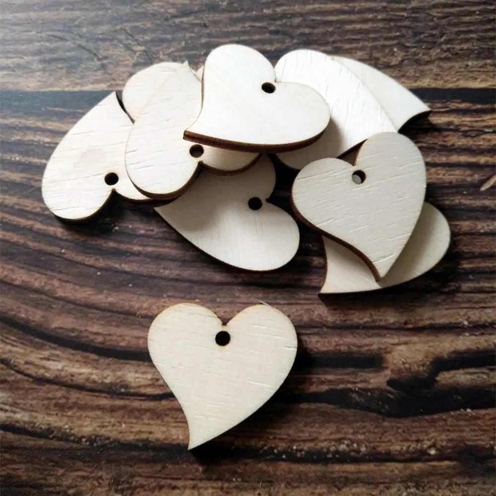 

50pcs Wood Love Heart Wedding Card Wish Tree Gift Tags Jute String One Hole Unfinished Wooden Heart Key Chain Heart