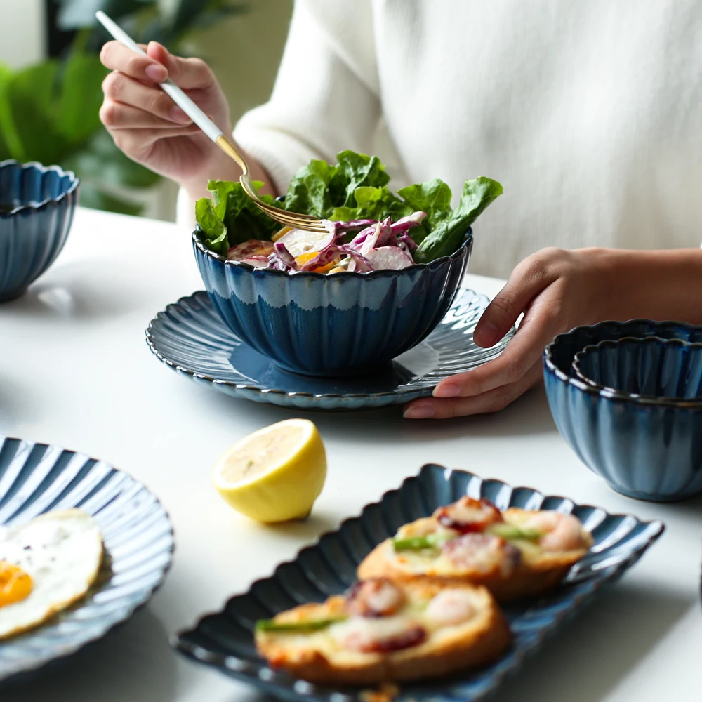 KINGLANG Nordic Ceramic Bowl Klin Glaze Retro Ceramic Rice Bowl Rectangle Sushi Dish Household Plate