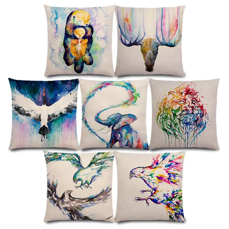 

New Animals Watercolor Art Painting Eagles Rhinos Deer Elk Peacock Wolf Lion Whale Elephant Cushion Cover Sofa Pillow Case