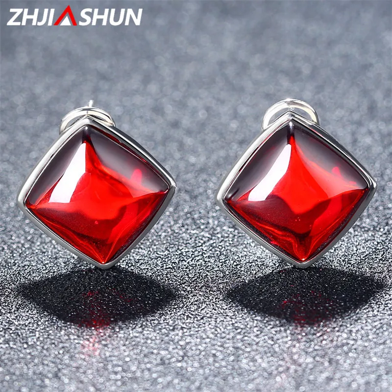 

ZHJIASHUN Vintage Red Gemstone Garnet Earrings for Women Femme 100% 925 Sterling Silver Fine Jewelry