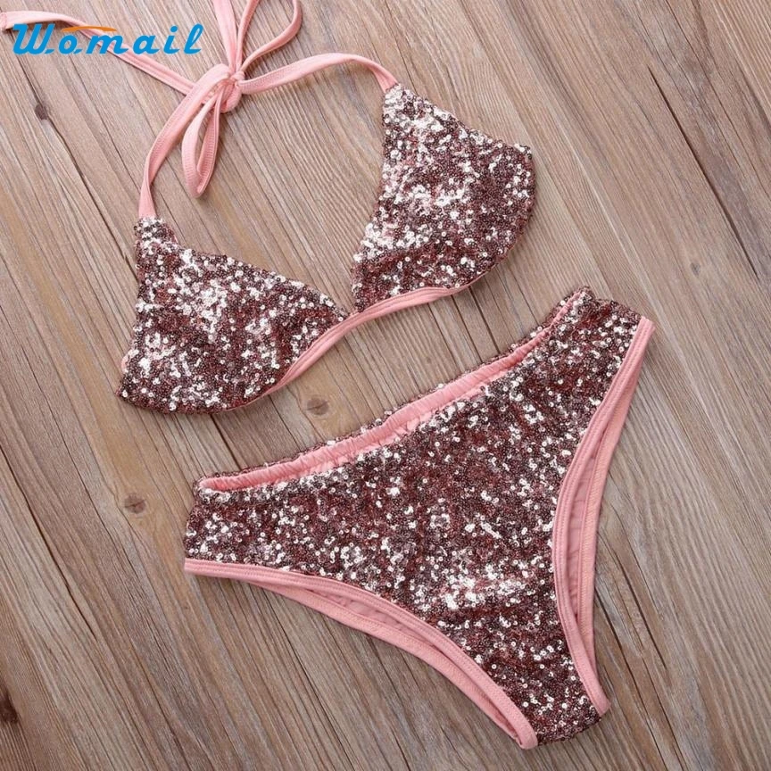 

Activing Charming Halter Swimsuit Bandage Bathing Suit Bling Sequin Swimwear Bikini Set F26X12