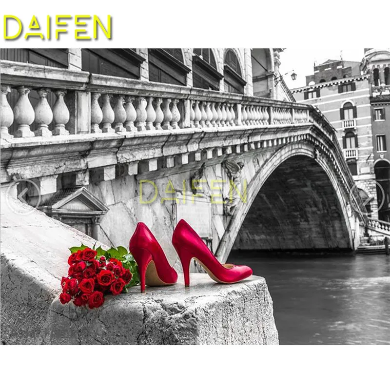 

Full Round Diamond embroidery Cross stitch Full Square Diamond mosaic bridge river red rose High heels 5D DIY Diamond painting