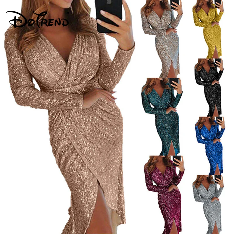 

New 8 Colors Sexy V-neck High Slit Party Dress Women Glitter Sequined Asymmetrical Bodycon Dress Long Sleeve Plus Size Vestidos