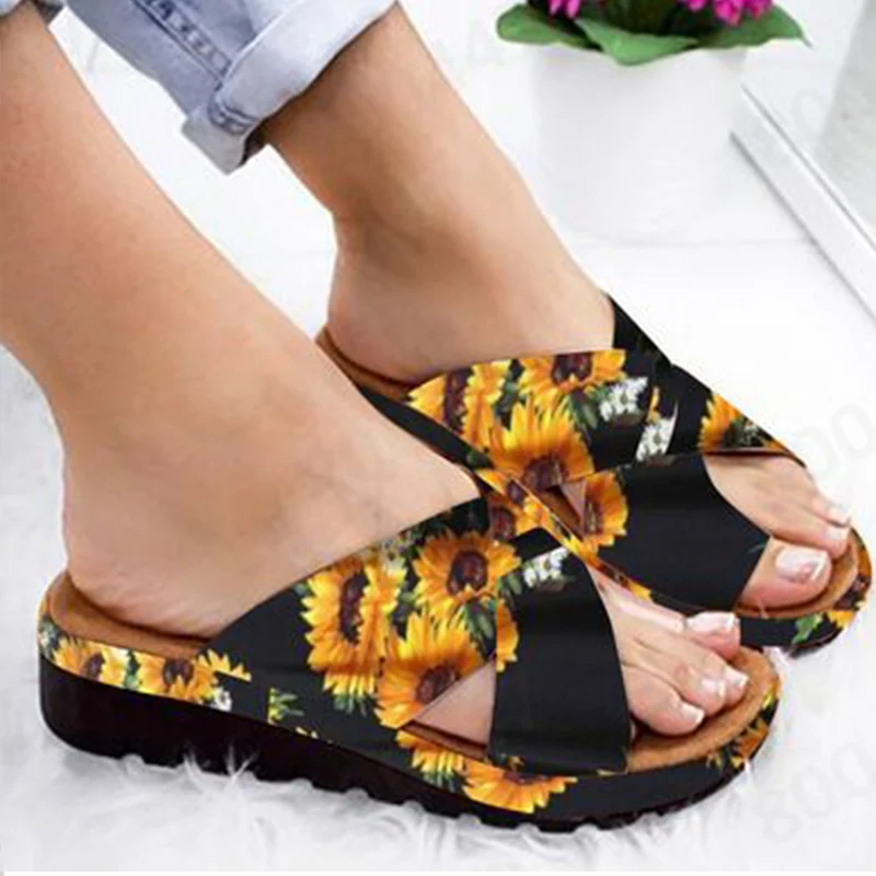

Women PU Leather Shoes Comfy Plat Sole Ladies Casual Soft Big Toe Foot Correction Sandals Printing Slippers Female Slides