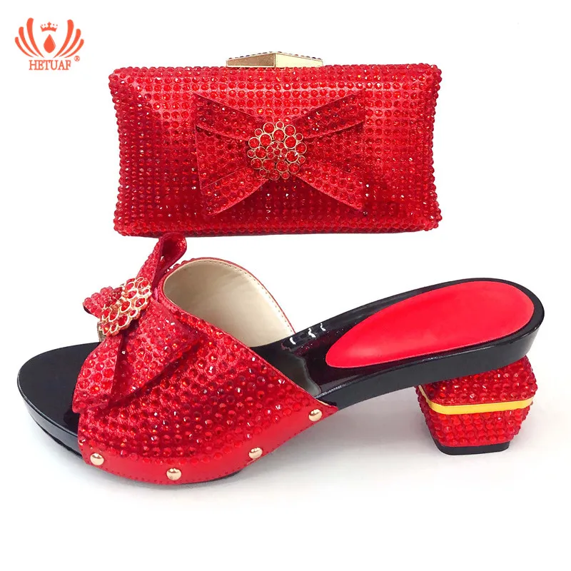

2019 Red Color Ladies Shoes with Matching Bags Set Comfortable Low Heels for Nigeria Party African Wedding Shoes and Bag Set
