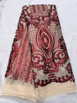 

super Quality with sequins Bridal red sequins cream mesh Lace Fabric Embroidered Nigerian Laces Fabric