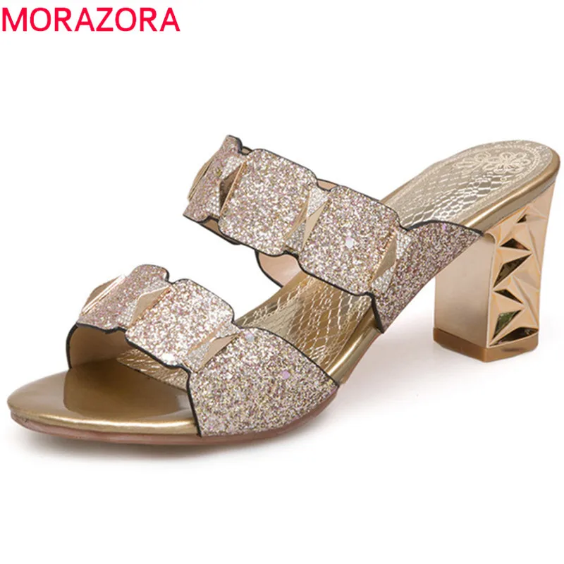 comprar MORAZORA 2018 chegam novas mulheres sandálias simples rasa sapatos de verão moda confortável 7 cm quadrados sapatos de salto big size 33 46