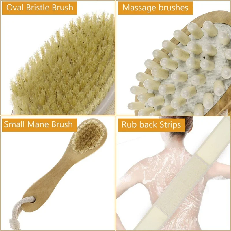 Back Wash Bath Brush Set Bamboo Bristles Body Brush Scrubber Long