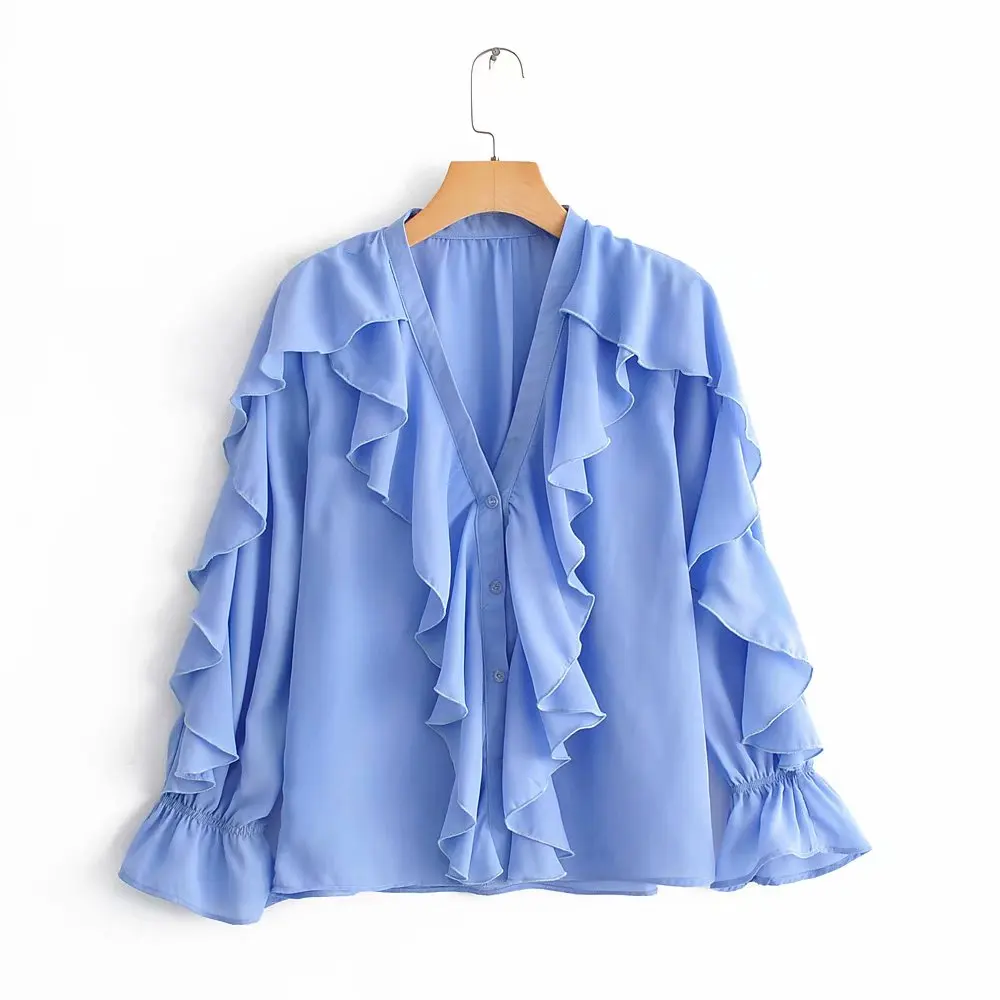 BBWM Женская Za Милая синяя шифоновая блузка с рюшами элегантная женская с v-образным вырезом с длинным рукавом Милая Модная рубашка для девочек топы Blusas Mujer
