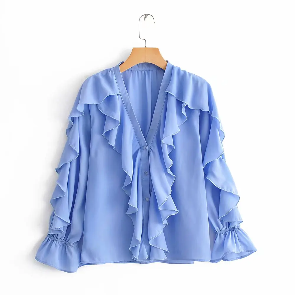 Online BBWM DONNA Za Dolce Blu Increspato Chiffon Camicetta da Donna Elegante Con Scollo A V Manica Lunga Carino Ragazze di Modo Camicia Magliette e camicette Blusas Mujer