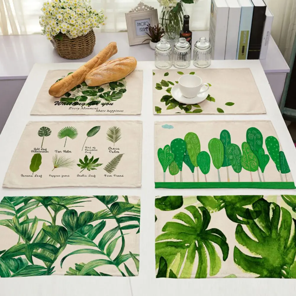 1pc Cotton Linen Table Placemat Plant Leaves Print Dinner Mat Coasters