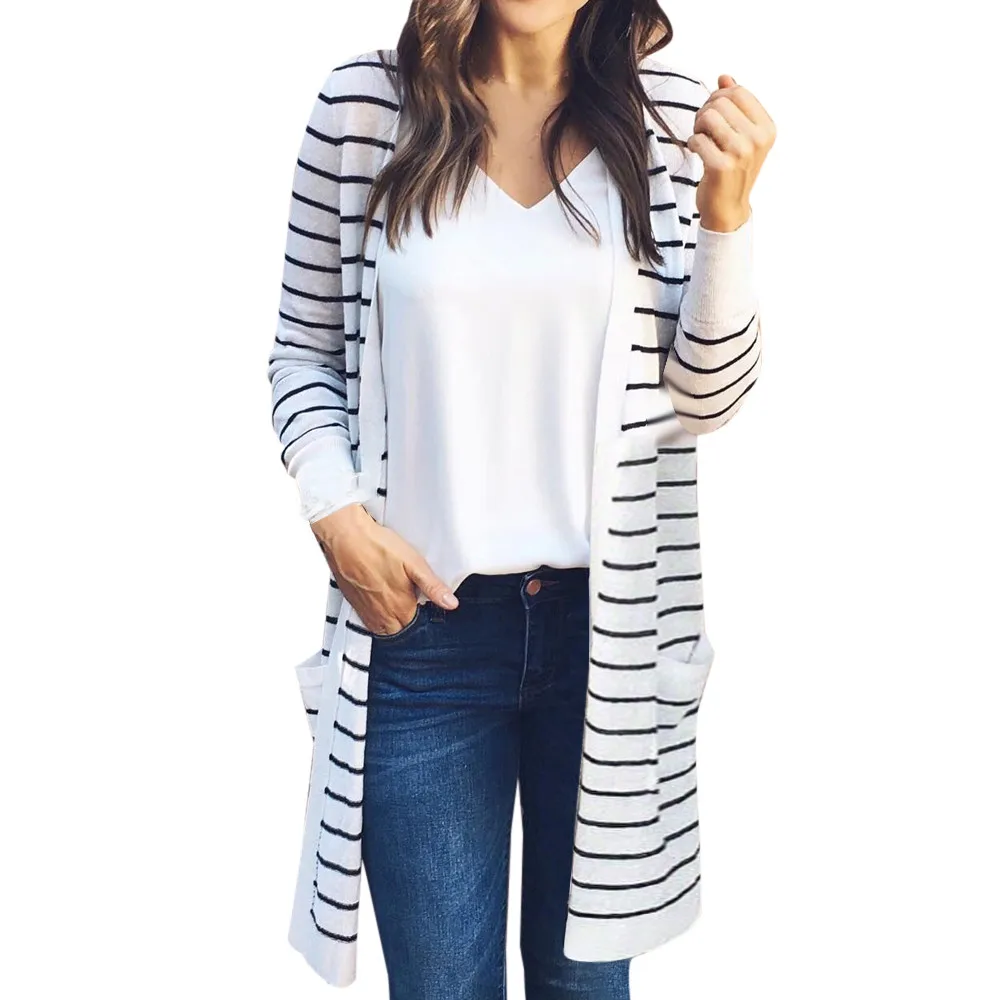 

2018 Autumn Cardigan Women Long Sleeve Striped Sweaters Female Sweater Pocket