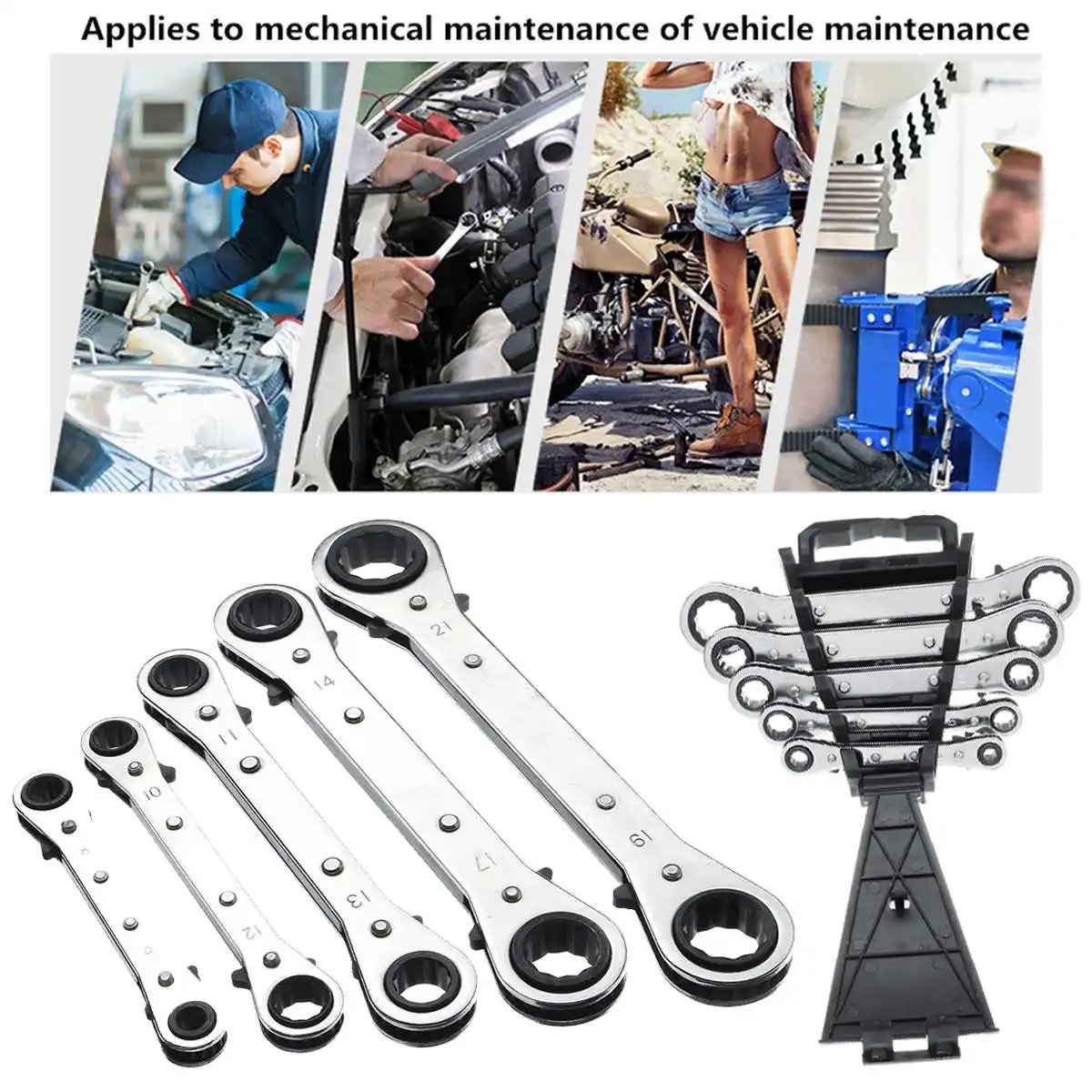 

5Pcs Metric Offset Ring Wrench Spanner Set Bent/ Straight Handle Ratchet Bushing Spanner Multi DIY Repairing Hand Tool Set
