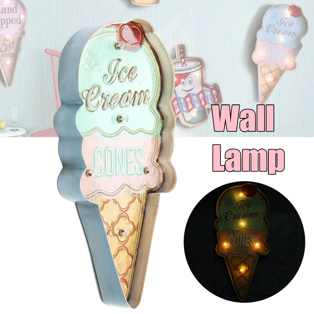 

Vintage Retro Style ice Cream LED Night Light Baby Bedroom Night Lamp Battery Powered LED Wall Lights for Children Girls Home De