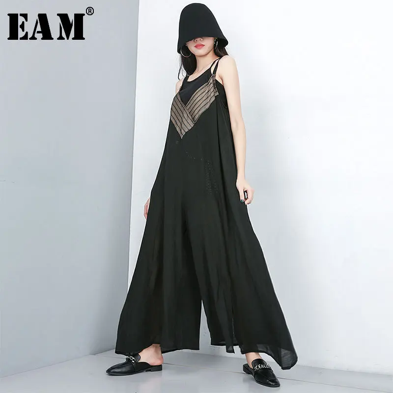 

[EAM] 2019 New Autumn Winter High Waist Striped Split Joint Loose Long Vent Wide Leg Pants Women Jumpsuit Fashion Tide JT172