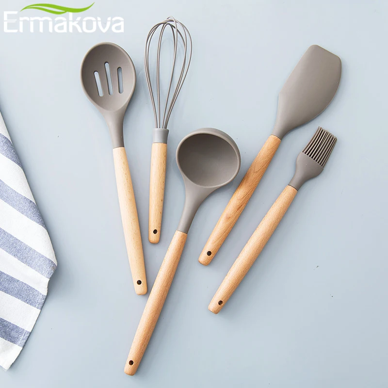 

ERMAKOVA Set of 5 Silicone Kitchen Utensil Set Nonstick Heat Resistant Slotted Spoon Scraper Ladle Brush Whisk with Wood Handle
