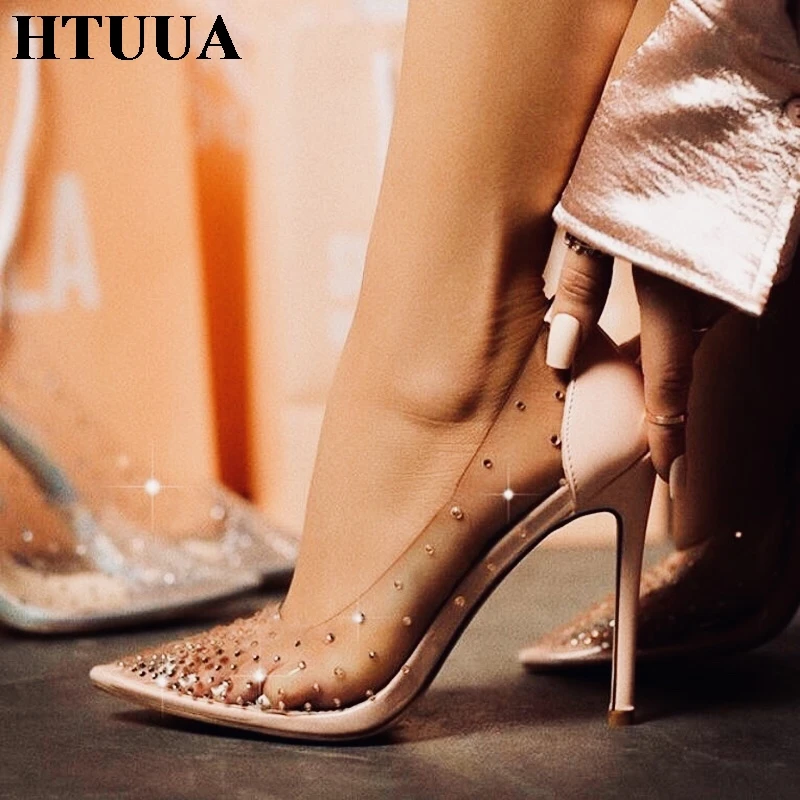 HTUUA Rhinestone Women Pumps Wedding Shoes Spring Summer High Heels PVC Sexy Party Shoes Chaussures Femme SX2538