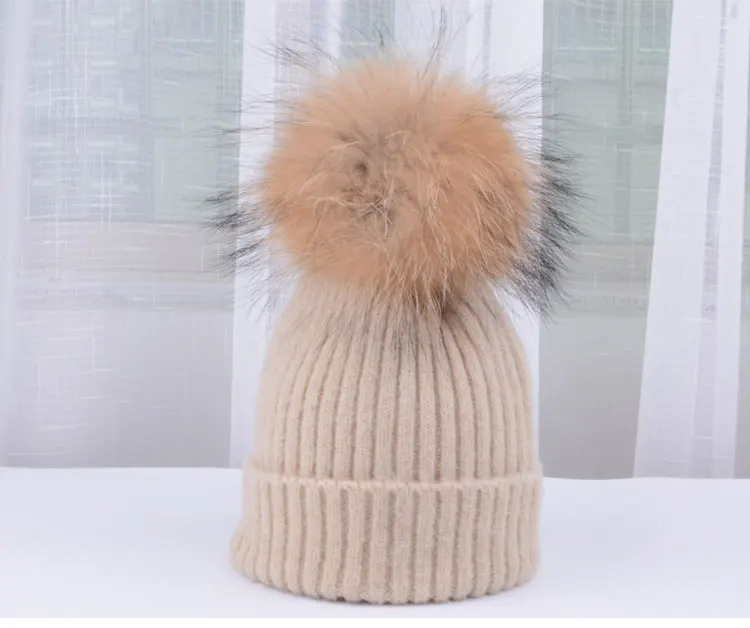 winter hats for girls kids boys knitted hat girl pom pom hat kids girls children natural raccoon Winter hats for children (12)